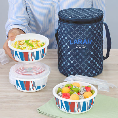 Larah by Borosil Geo Orange Lunchbox, Set of 3, Blue 400 ml x 3