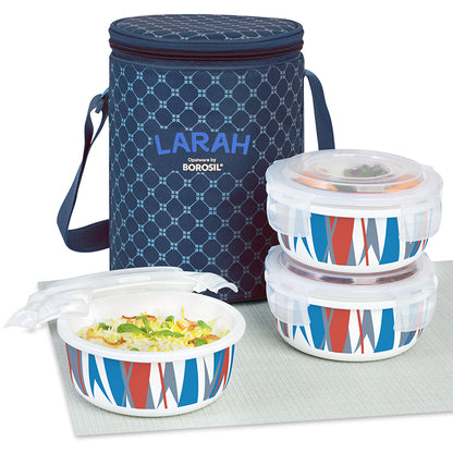 Larah by Borosil Geo Orange Lunchbox, Set of 3, Blue 400 ml x 3