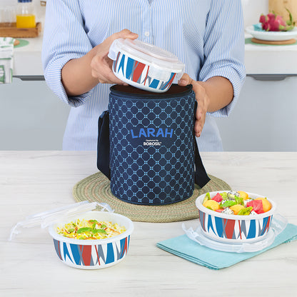 Larah by Borosil Geo Orange Lunchbox, Set of 3, Blue 400 ml x 3