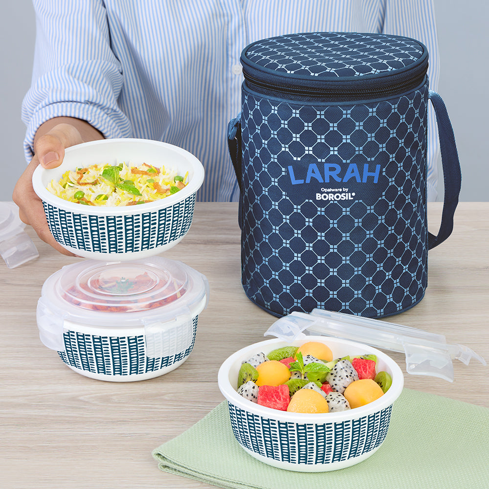 Larah by Borosil Helix Lunchbox, Set of 3, Blue 400 ml x 3