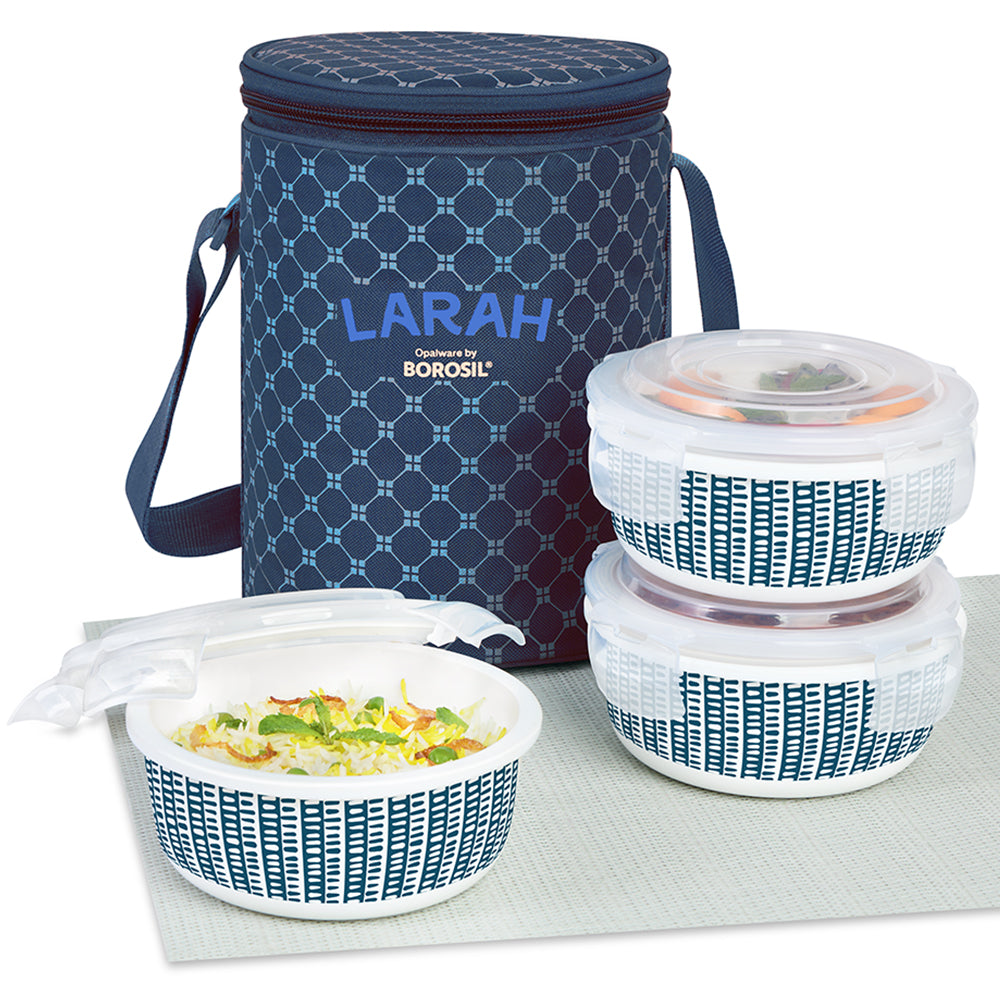 Larah by Borosil Helix Lunchbox, Set of 3, Blue 400 ml x 3