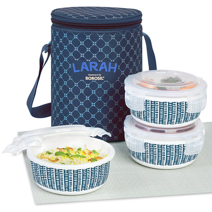 Larah by Borosil Helix Lunchbox, Set of 3, Blue 400 ml x 3