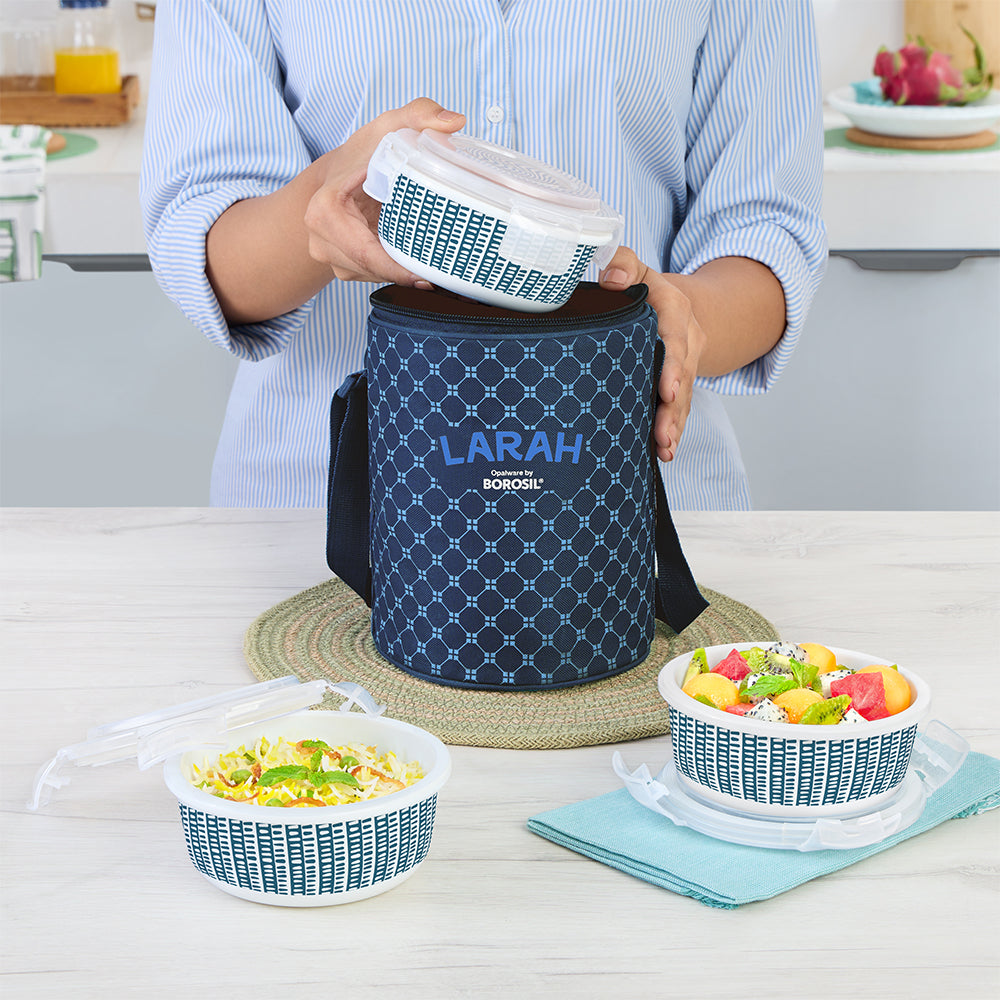 Larah by Borosil Helix Lunchbox, Set of 3, Blue 400 ml x 3