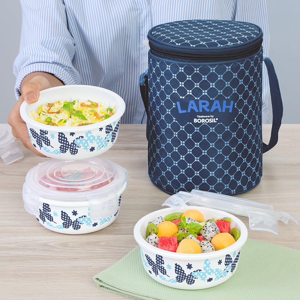 Larah by Borosil Veera Blue Lunchbox, Set of 3, Blue 400 ml x 3