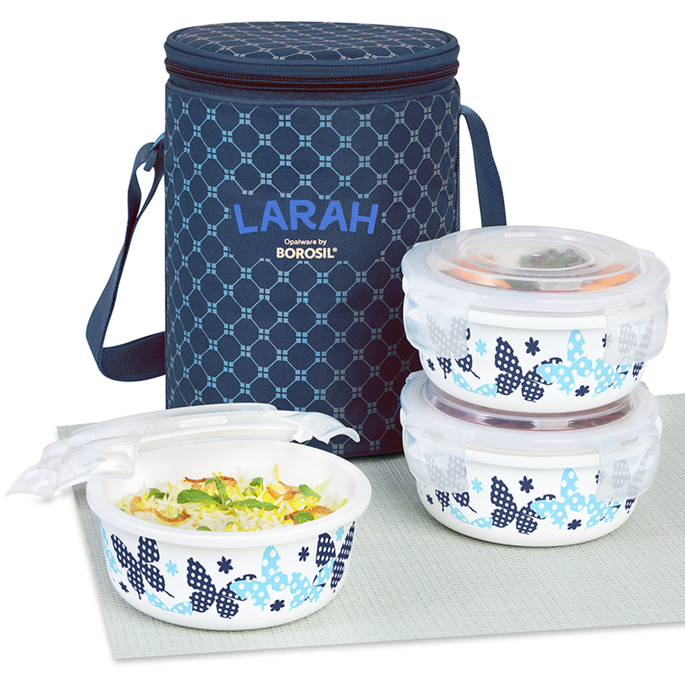Larah by Borosil Veera Blue Lunchbox, Set of 3, Blue 400 ml x 3