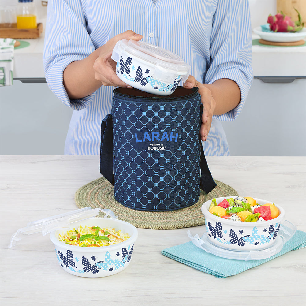 Larah by Borosil Veera Blue Lunchbox, Set of 3, Blue 400 ml x 3