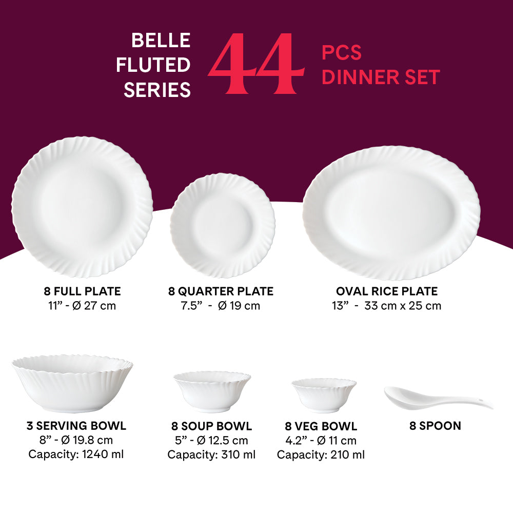 Larah by Borosil Belle Dinner Set 44 pc Set: Serves 8