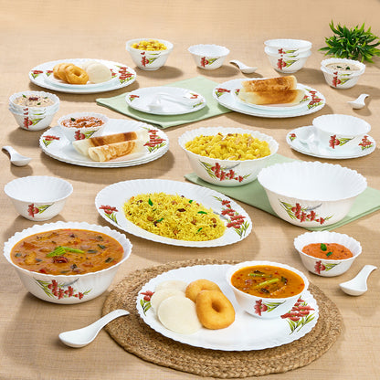 Larah by Borosil Red Iris Dinner Set 44 pc Set: Serves 8