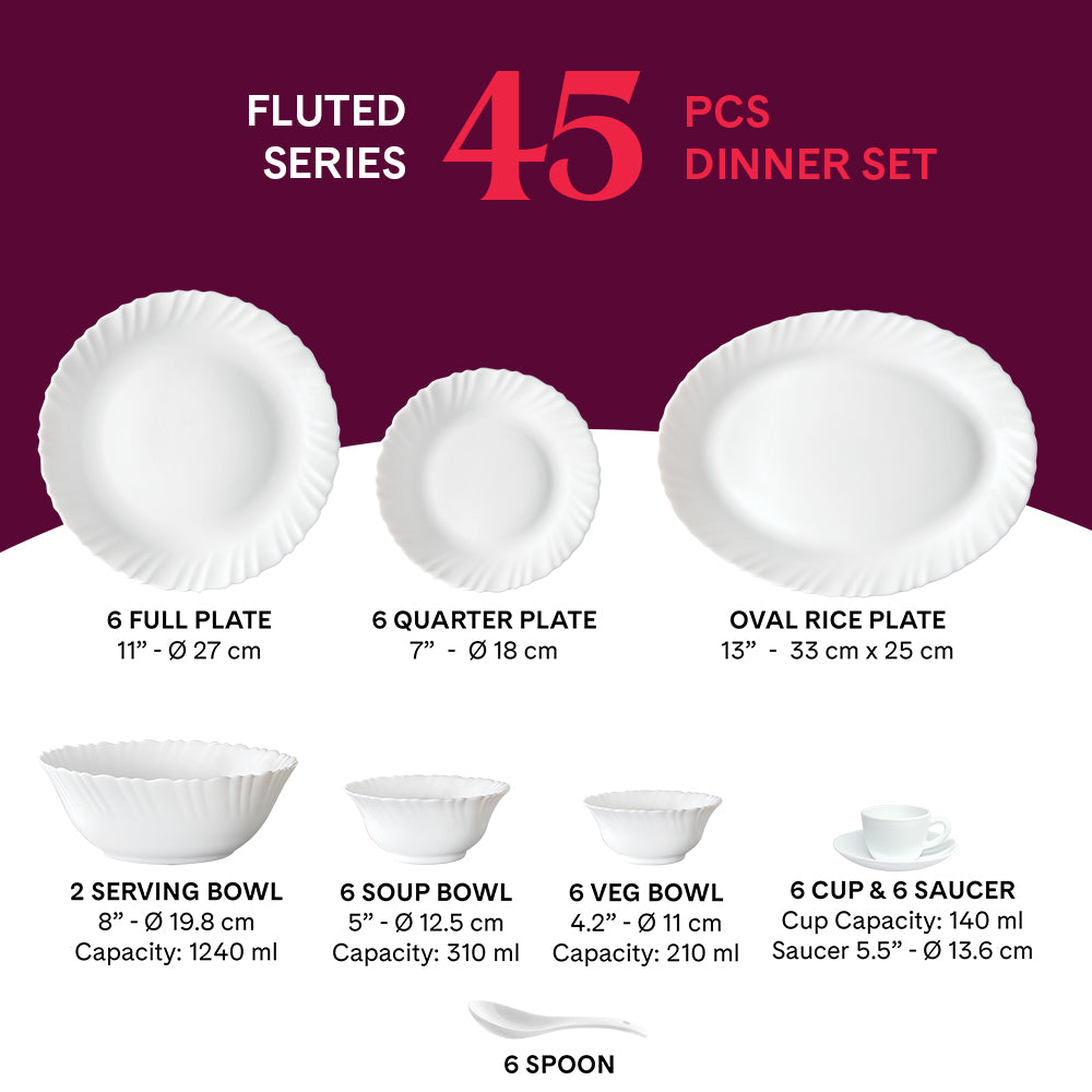 Larah by Borosil, Bellflower Dinner Set 45 pc Set: Serves 6