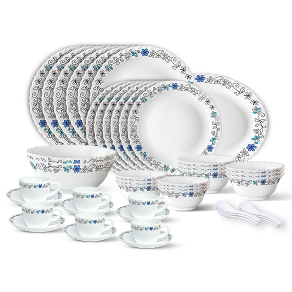 Larah by Borosil, Blue Iris Dinner Set 45 pc Set: Serves 6