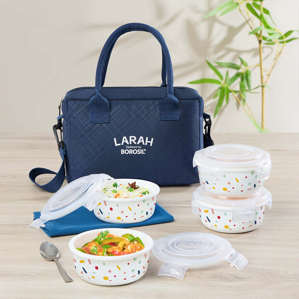 Larah by Borosil Aria Lunchbox, Set of 4, Blue, 400ml