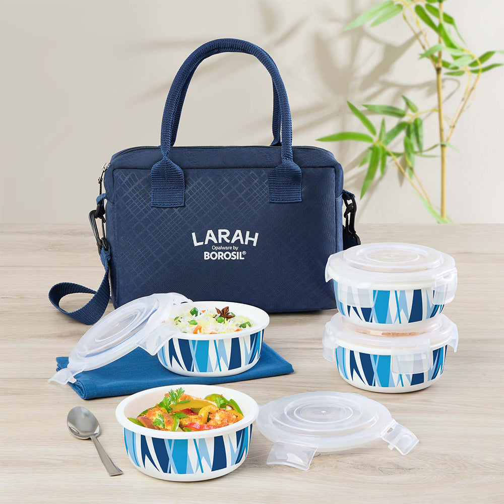 Larah by Borosil Geo Blue Lunchbox, Set of 4, Blue, 400ml