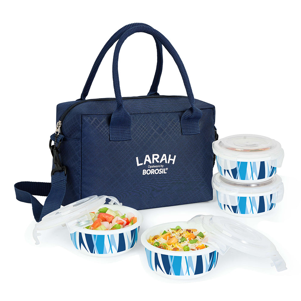 Larah by Borosil Geo Blue Lunchbox, Set of 4, Blue, 400ml