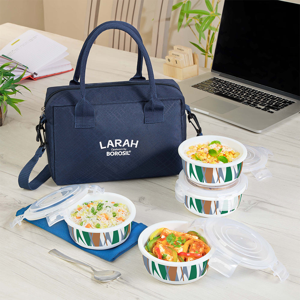 Larah by Borosil Geo Green Lunchbox, Set of 4, Blue, 400ml