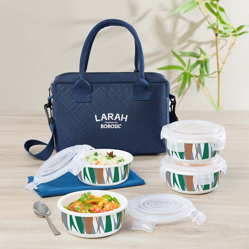 Larah by Borosil Geo Green Lunchbox, Set of 4, Blue, 400ml
