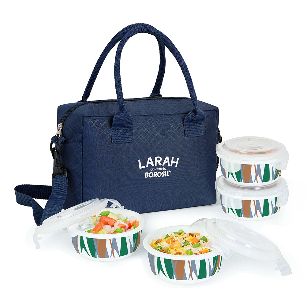 Larah by Borosil Geo Green Lunchbox, Set of 4, Blue, 400ml