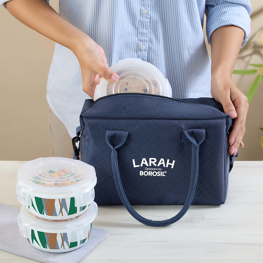 Larah by Borosil Geo Green Lunchbox, Set of 4, Blue, 400ml