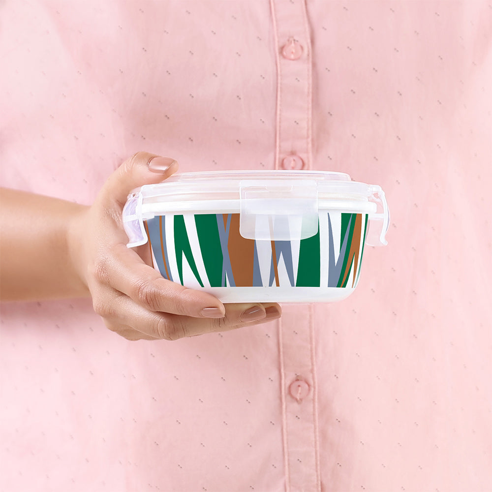 Larah by Borosil Geo Green Lunchbox, Set of 4, Blue, 400ml