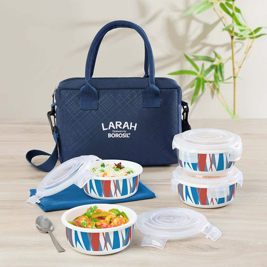 Larah by Borosil Geo Orange Lunchbox, Set of 4, Blue