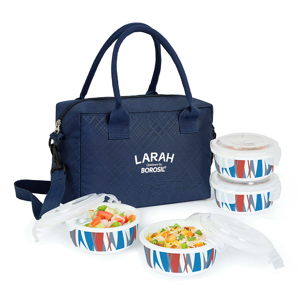 Larah by Borosil Geo Orange Lunchbox, Set of 4, Blue, 400ml