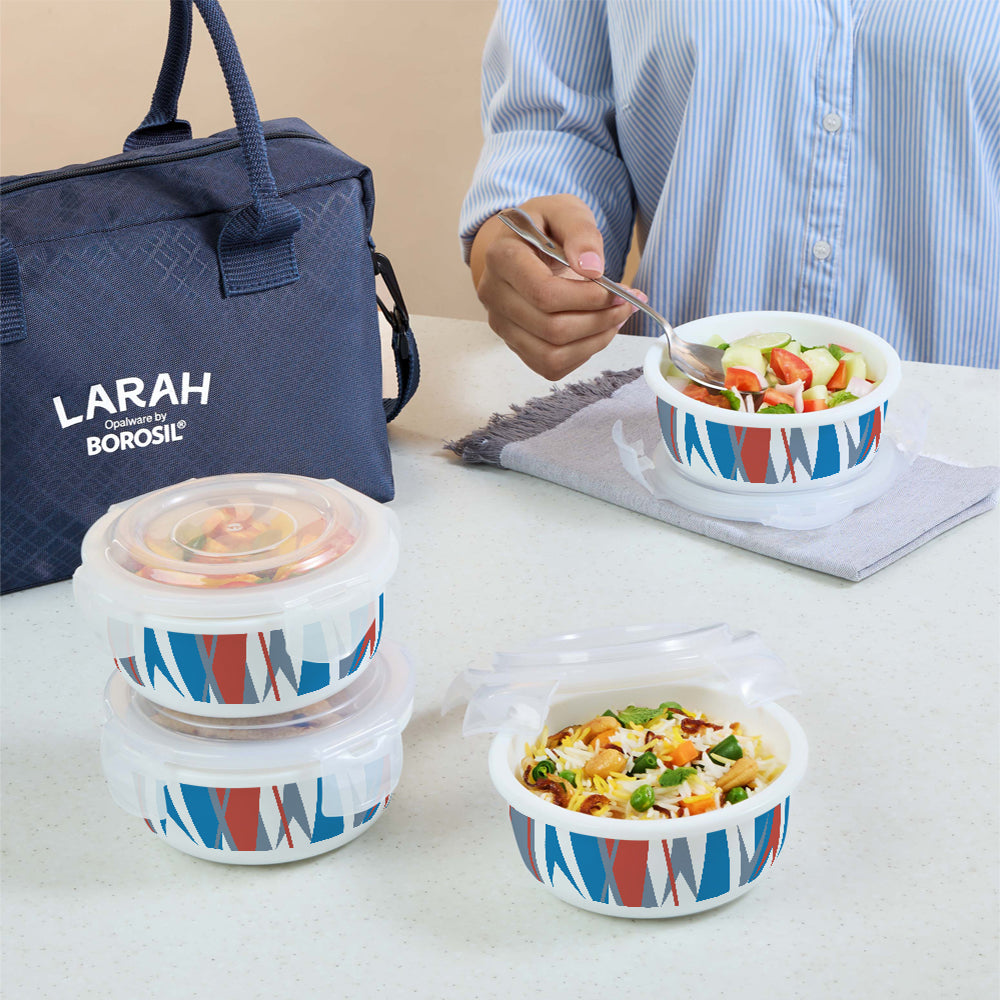Larah by Borosil Geo Orange Lunchbox, Set of 4, Blue, 400ml