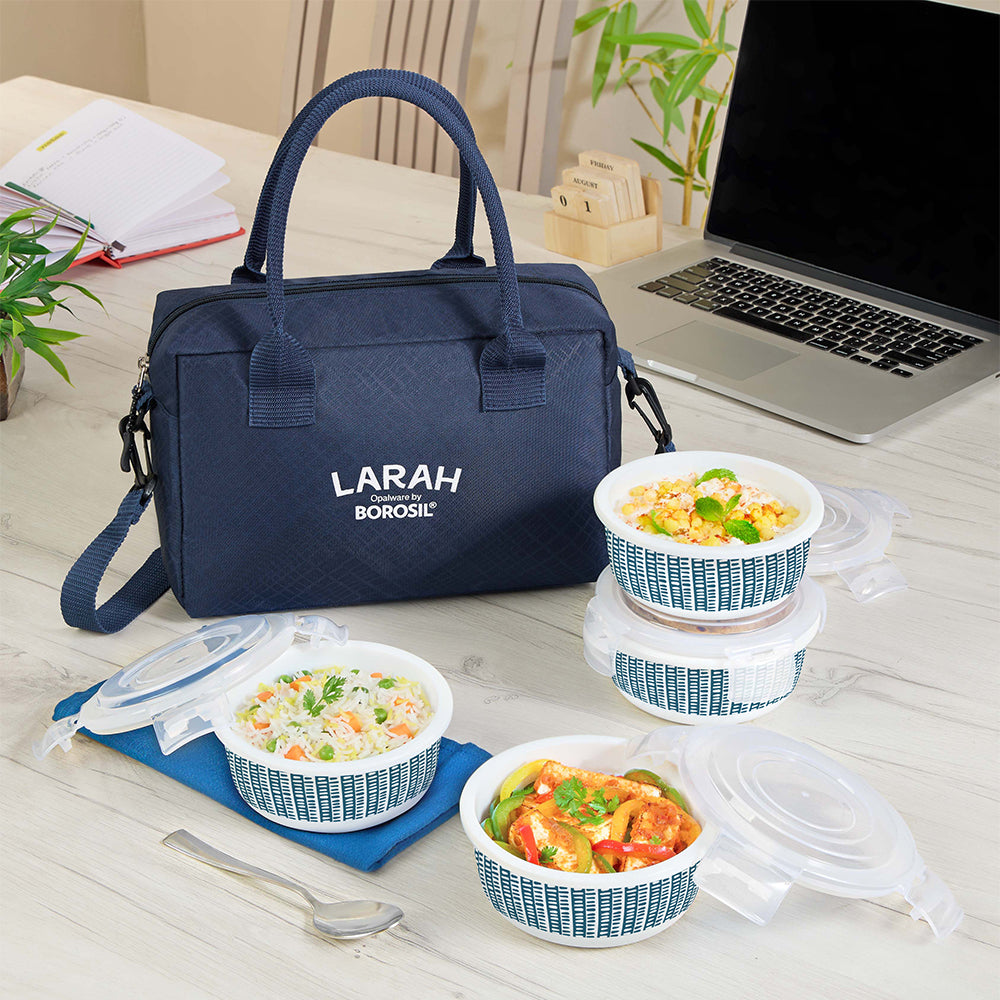 Larah by Borosil Helix Lunchbox, Set of 4, Blue, 400ml