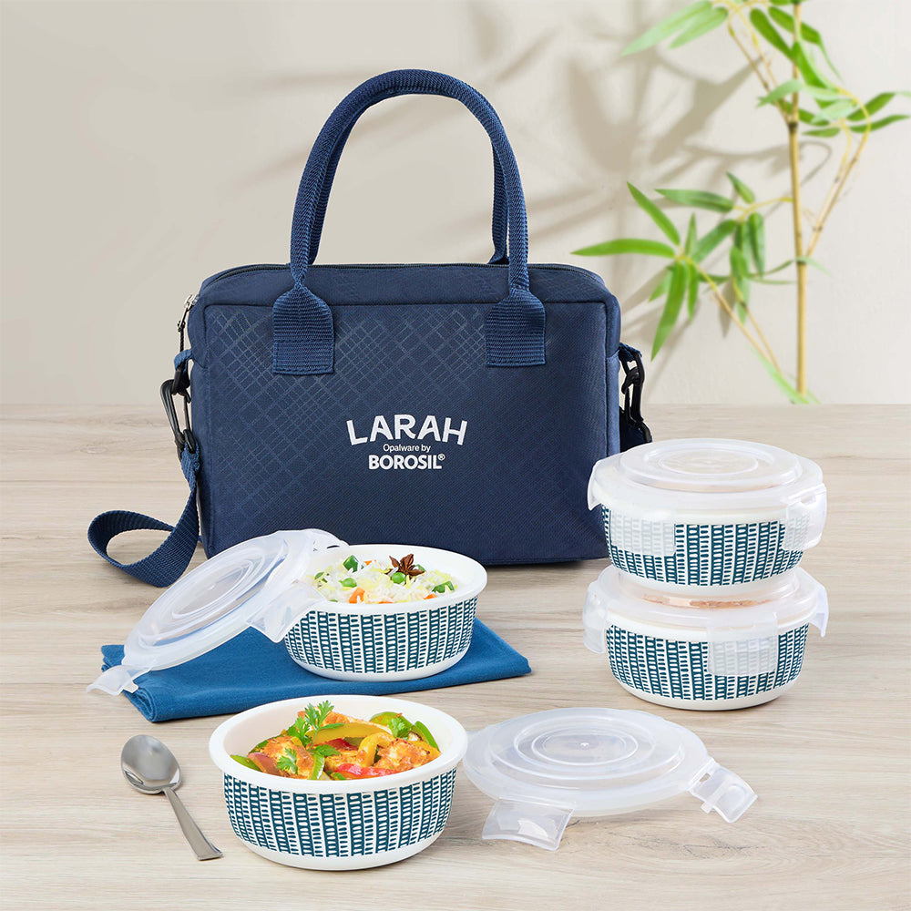 Larah by Borosil Helix Lunchbox, Set of 4, Blue, 400ml