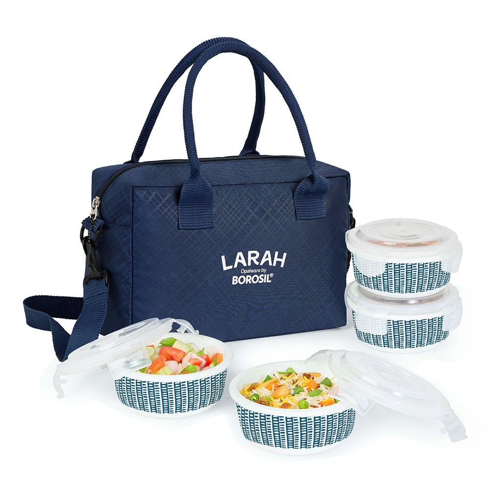 Larah by Borosil Helix Lunchbox, Set of 4, Blue, 400ml