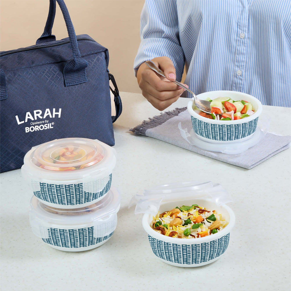 Larah by Borosil Helix Lunchbox, Set of 4, Blue, 400ml