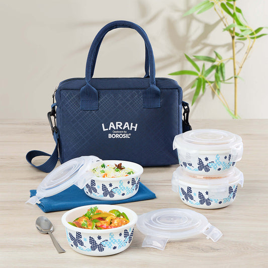 Larah by Borosil Veera Blue Lunchbox, Set of 4, Blue