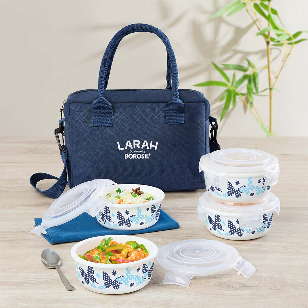 Larah by Borosil Veera Blue Lunchbox, Set of 4, Blue, 400ml