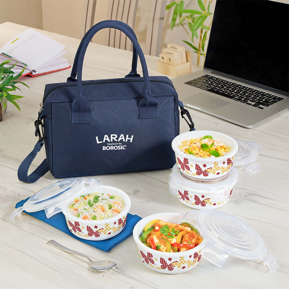 Larah by Borosil Veera Orange Lunchbox, Set of 4, Blue, 400ml