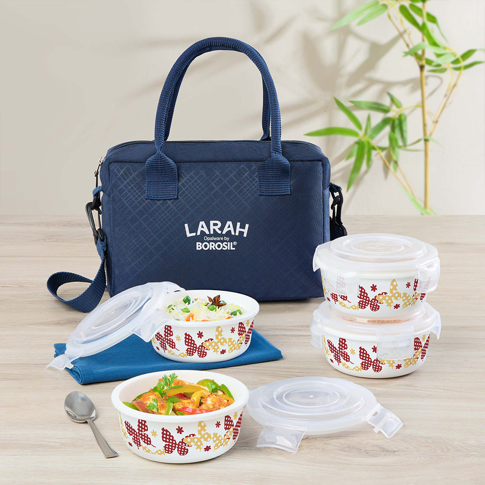 Larah by Borosil Veera Orange Lunchbox, Set of 4, Blue, 400ml