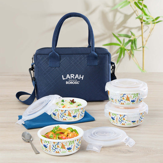 Larah by Borosil Ziva Navy Lunchbox, Set of 4, Blue