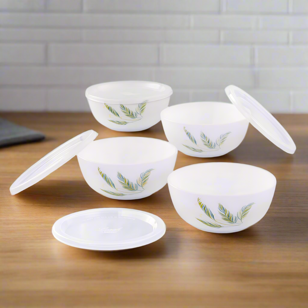 Larah by Borosil Breeze Snack Bowl with Cover, 4pcSet+4Lids