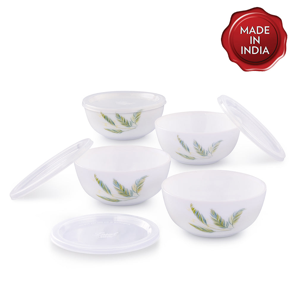 Larah by Borosil Breeze Snack Bowl with Cover 4 pc Set + 4 Lids