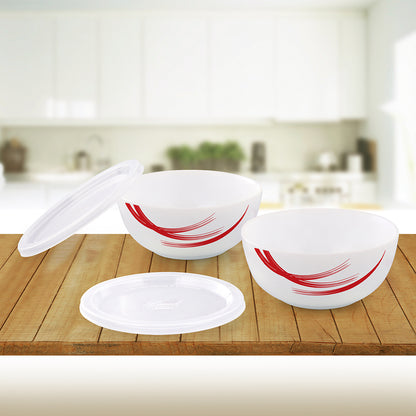 Larah by Borosil Red Stella Snack Bowl with Cover 4 pc Set + 4 Lids