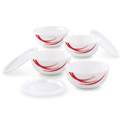 Larah by Borosil Red Stella Snack Bowl with Cover 4 pc Set + 4 Lids