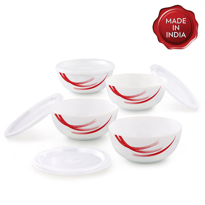 Larah by Borosil Red Stella Snack Bowl with Cover 4 pc Set + 4 Lids
