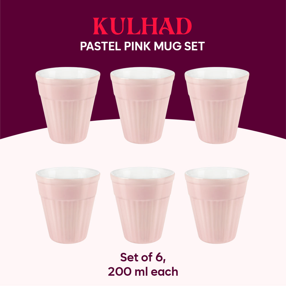 Larah By Borosil Kulhad Set of 6, Pastel Pink, 200ml 200 ml x 6