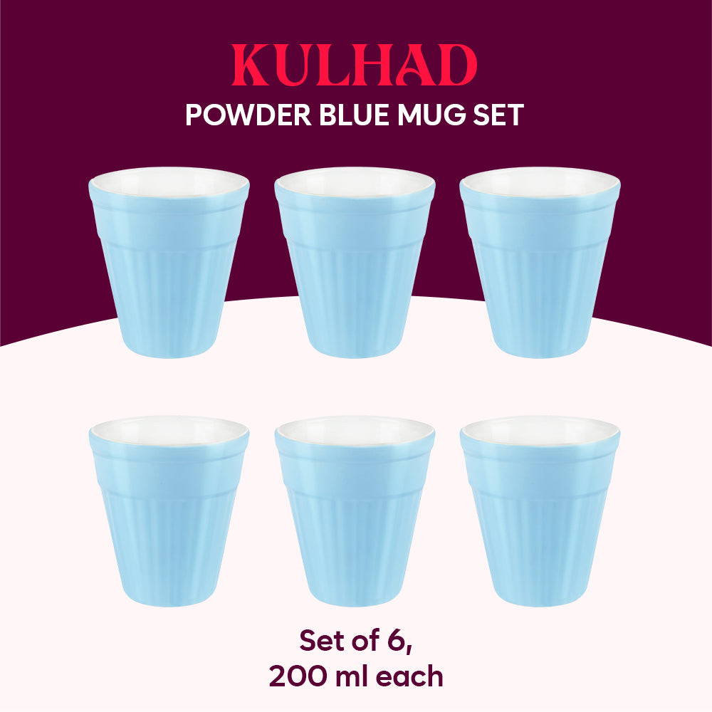 Larah By Borosil Kulhad Set of 6, Powder Blue, 200ml 200 ml x 6