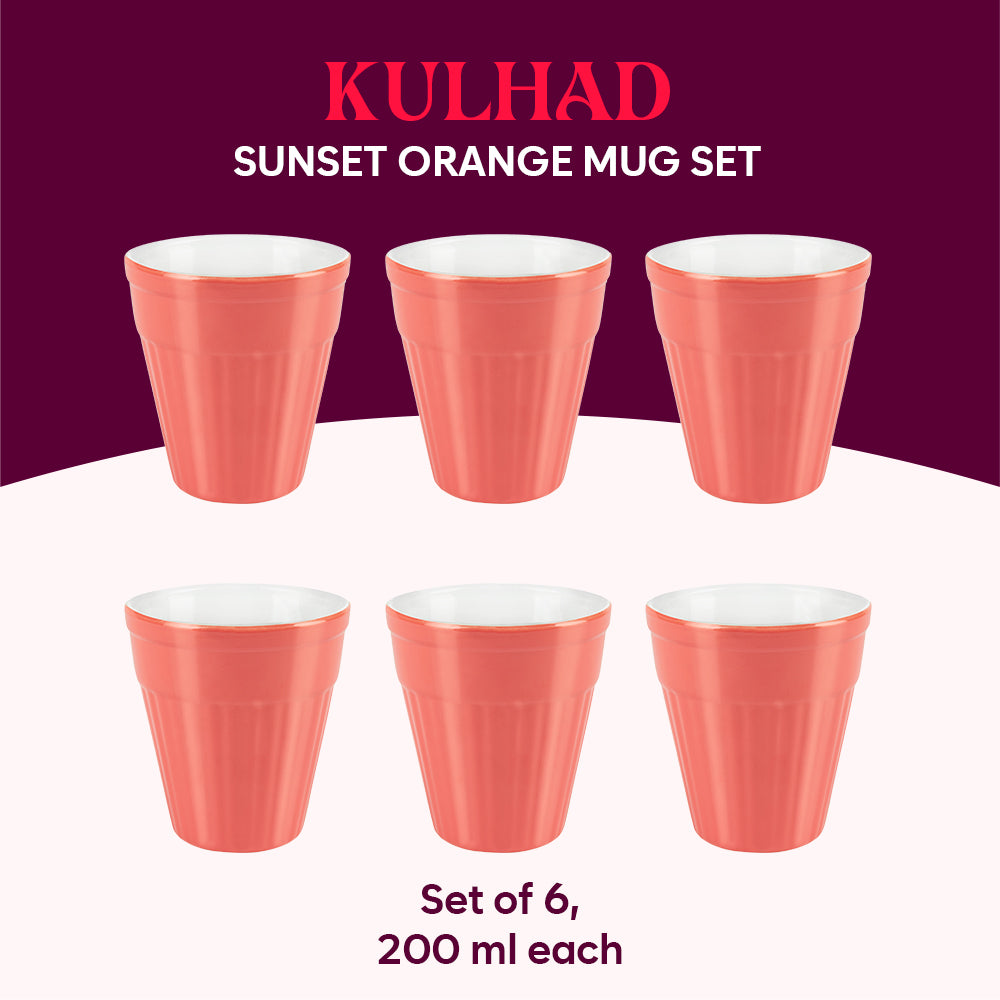 Larah By Borosil Kulhad Set of 6, Sunset Orange, 200ml 200 ml x 6