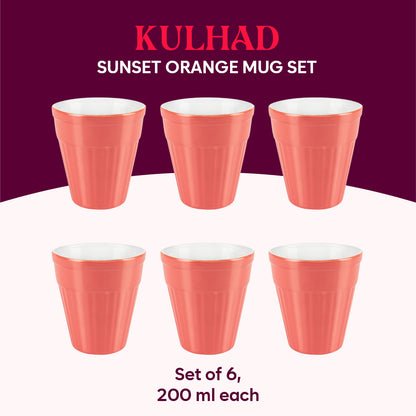 Larah By Borosil Kulhad Set of 6, Sunset Orange, 200ml 200 ml x 6