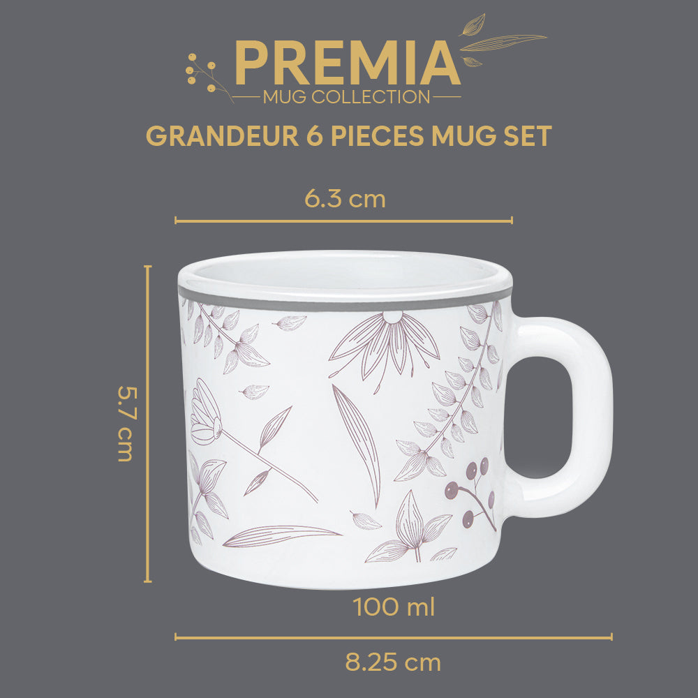 Larah By Borosil Grandeur Mug Set, 100 ml 100 ml x 6
