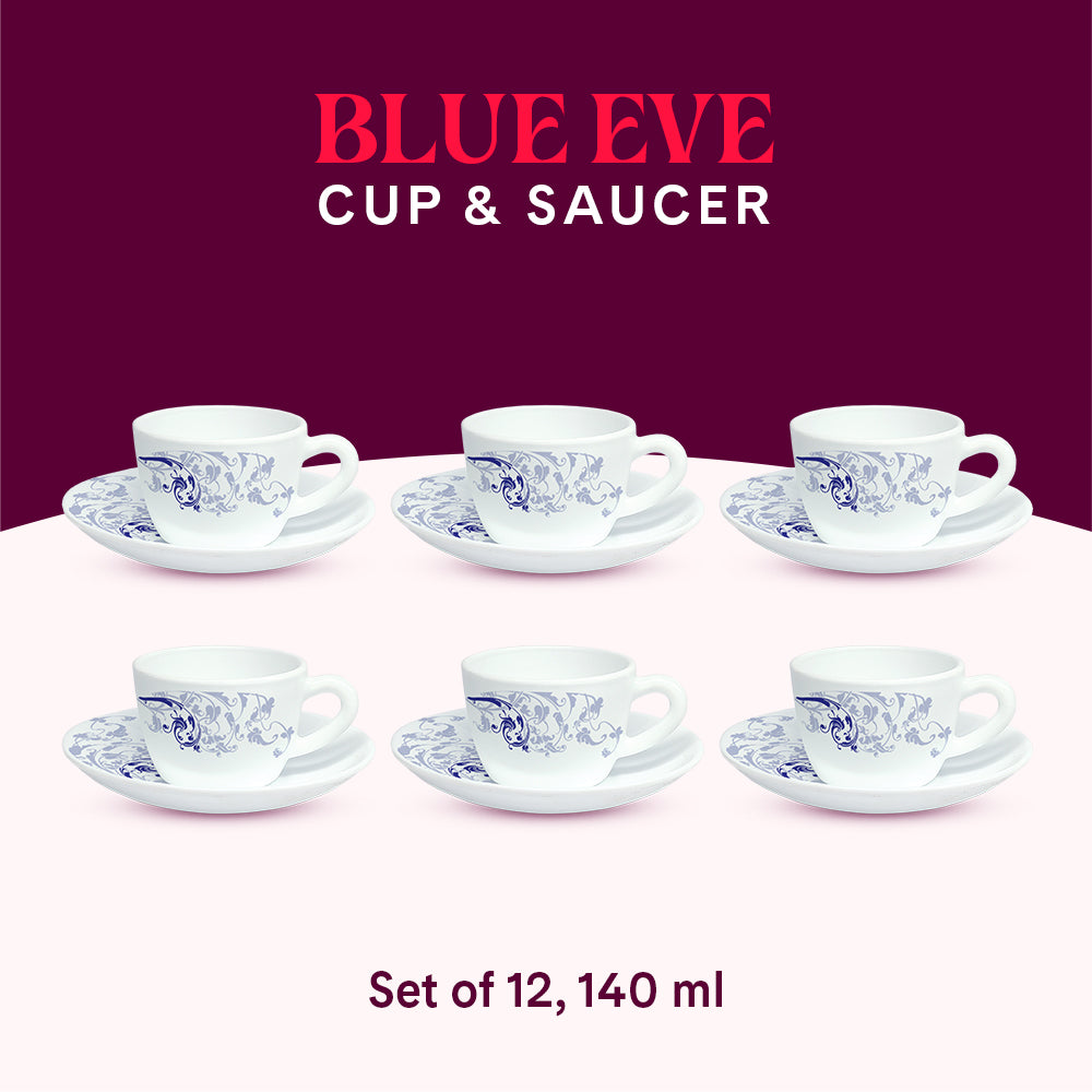 Larah By Borosil Blue Eve Cup n Saucer Set 140 ml x 12