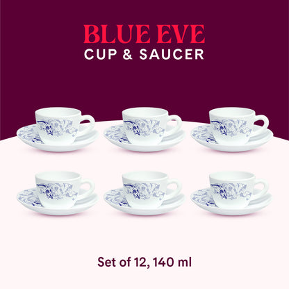 Larah By Borosil Blue Eve Cup n Saucer Set 140 ml x 12