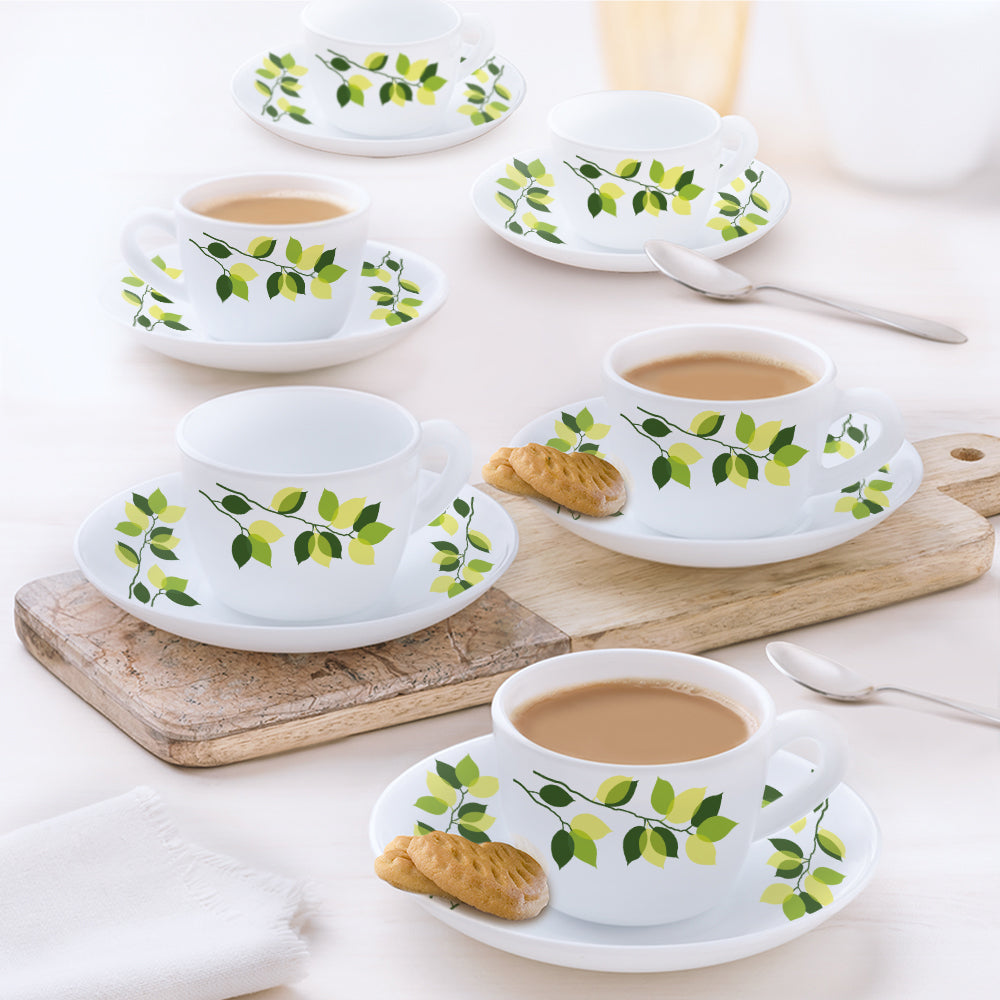 Larah By Borosil Green Leaves Cup n Saucer Set 140 ml x 12