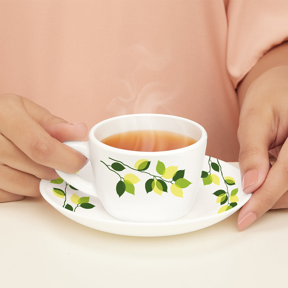 Larah By Borosil Green Leaves Cup n Saucer Set 140 ml x 12