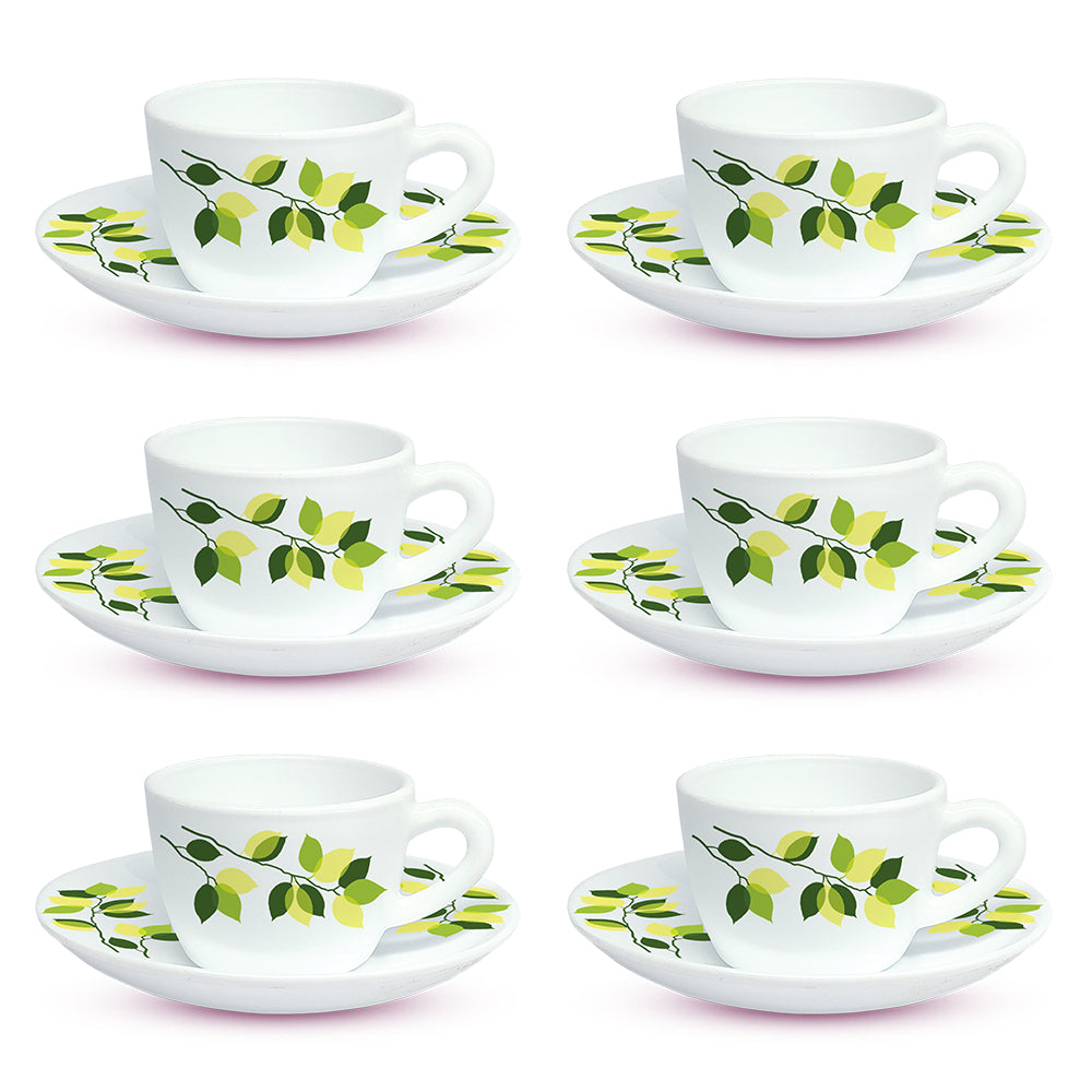 Larah By Borosil Green Leaves Cup n Saucer Set 140 ml x 12