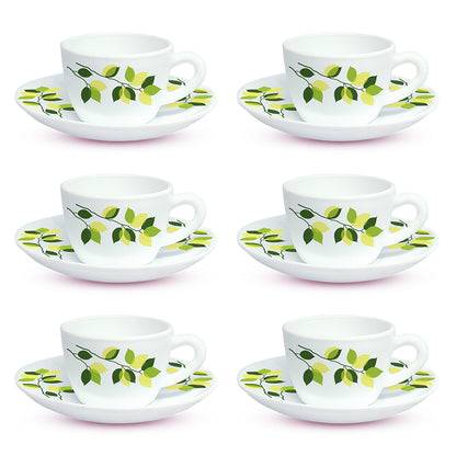 Larah By Borosil Green Leaves Cup n Saucer Set 140 ml x 12